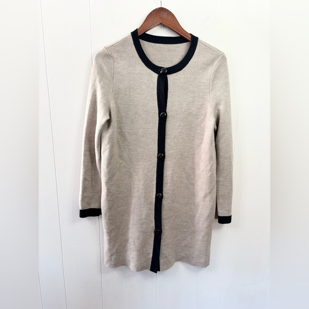 Ann Taylor cream black contrast trim long cardigan sweater size M wool blend